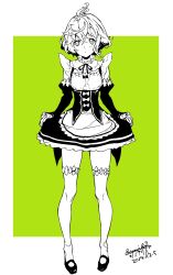 1boy ahoge alternate_costume apron clothes_lift corset cosplay crossdressing curly_hair dated detached_sleeves dress dress_lift enmaided frilled_dress frills full_body green_background highres himiko_(326ontheweb) lifting_own_clothes maid maid_apron mary_janes parted_lips pigeon-toed pinocchio_(sinoalice) re:zero_kara_hajimeru_isekai_seikatsu rem_(re:zero) shoes short_hair signature sinoalice sleeveless sleeveless_dress solo thighhighs trap two-tone_background white_background white_thighhighs zettai_ryouiki