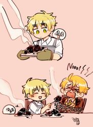&gt;_&lt; 2boys ahoge america_(hetalia) apron axis_powers_hetalia betty2002325 black-framed_eyewear blonde_hair blush brown_jacket brownie_(food) chair closed_eyes closed_mouth collared_shirt commentary_request english_text feeding food force-feeding fork fur-trimmed_jacket fur_trim glasses gloves green_eyes green_gloves green_necktie grey_apron half-closed_eyes hand_up highres holding holding_fork holding_tray jacket lapels long_sleeves looking_at_food looking_down male_focus military_jacket military_uniform multiple_boys multiple_views necktie on_chair open_clothes open_jacket open_mouth pink_background plate semi-rimless_eyewear shirt short_hair simple_background sitting smile steam sweat table tray united_kingdom_(hetalia) upper_body white_shirt yellow_jacket