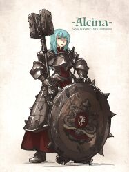 1girl alcina_(unicorn_overlord) aqua_eyes aqua_hair armor armored_dress breastplate character_name closed_mouth couter dress full_body gauntlets hammer highres ironlily long_dress long_hair mole mole_under_eye red_dress shield solo spiked_armor spiked_pauldrons spiked_shield unicorn_overlord weapon