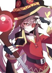 Rule 34 | 1girl, absurdres, belt, black cape, black choker, black gloves, black nails, brown belt, brown hair, bug, butterfly, cape, choker, closed mouth, commentary, cosplay, dress, eyepatch, fingerless gloves, flower-shaped pupils, genshin impact, gloves, hair between eyes, hand up, hat, highres, holding, holding staff, homake, hu tao (genshin impact), insect, kono subarashii sekai ni shukufuku wo!, long hair, looking at viewer, megumin, megumin (cosplay), off-shoulder dress, off shoulder, red dress, red eyes, short dress, simple background, smirk, solo, staff, symbol-shaped pupils, takahashi rie, voice actor connection, white background, witch hat
