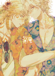 Rule 34 | 2boys, alternate costume, antenna hair, blonde hair, blue eyes, braid, chest tattoo, eyewear hang, facial tattoo, floral print, floral print shirt, flower, gradient hair, hair between eyes, hair flower, hair ornament, hghug, highres, honkai (series), honkai impact 3rd, male focus, medium hair, multicolored hair, multiple boys, mydei (honkai: star rail), neck tattoo, open clothes, open shirt, pectoral cleavage, pectorals, phainon (honkai: star rail), red hair, red tattoo, shirt, short hair, side braid, sun symbol, sun tattoo, tan, tattoo, twitter username, unworn eyewear, white hair, white shirt, yaoi, yellow eyes