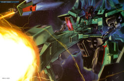 absurdres arm_cannon artist_request beam_cannon cable doven_wolf electricity energy energy_beam firing gundam gundam_perfect_file gundam_zz highres machinery mecha mecha_focus mobile_suit nebula neo_zeon no_humans one-eyed painting_(medium) realistic robot scan science_fiction space thrusters traditional_media weapon