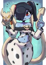 1girl absurdres animal_print black_hair blue_background blue_skin blush breasts choker collarbone colored_skin cow_print hair_over_one_eye heart highres leviathan_(skullgirls) long_hair long_sleeves looking_at_viewer medium_breasts midriff monster navel off-shoulder_shirt off_shoulder pants ponytail print_pants print_shirt red_eyes shirt side_ponytail skeletal_arm skeletal_hand skull skull_brooch skullgirls smile sparkle squigly_(skullgirls) standing stitched_mouth stitches thick_thighs thighs tony_welt white_pants white_shirt wide_hips zombie
