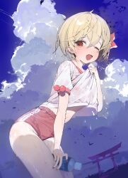 1girl absurdres between_legs blonde_hair blue_sky bottle bow breasts buruma clothes_lift crossed_bangs dated_commentary fangs gym_shirt gym_uniform hair_between_eyes hair_bow heavy_breathing highres holding holding_bottle lifting_own_clothes navel nipples no_bra one_eye_closed open_mouth red_bow red_buruma red_eyes red_nails rumia see-through_clothes see-through_shirt shirt shirt_lift short_hair short_sleeves skin_fangs sky small_breasts smile solo stomach sweat torii touhou water_bottle white_shirt ya_yuan