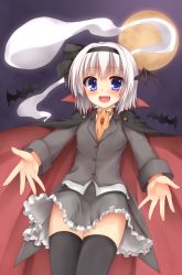 Rule 34 | 1girl, alternate costume, ascot, bat (animal), bat wings, black thighhighs, blue eyes, blush, cape, fang, female focus, full moon, hairband, halloween, halloween costume, head wings, highres, hitodama, jacket, konpaku youmu, konpaku youmu (ghost), long sleeves, looking at viewer, lowell (ouranoss2kanata), moon, night, night sky, open mouth, outstretched arms, ribbon, shirt, short hair, silver hair, skirt, skirt set, sky, smile, solo, thighhighs, touhou, vampire costume, vest, wings, zettai ryouiki