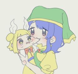 Rule 34 | 2girls, :3, apron, biting, biting cheek, blonde hair, blue hair, blush, bow, bowtie, carrying, carrying person, crying, double bun, dress, green apron, green headscarf, green headwear, green scarf, hair bun, haniwa (statue), haniwa kue, haniyasushin keiki, headscarf, jewelry, joutouguu mayumi, magatama, magatama necklace, multiple girls, necklace, puffy short sleeves, puffy sleeves, purple eyes, red bow, red bowtie, ribbon, scarf, short sleeves, simple background, single strap, tears, touhou, white background, white ribbon, yellow dress, yellow eyes