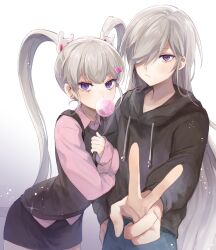 1boy 1girl arm_hug black_hoodie black_skirt blowing_bubbles blue_pants blush chewing_gum closed_mouth collared_shirt drawstring gradient_background grey_background grey_hair hair_ornament hair_over_one_eye heart heart_hair_ornament highres hood hood_down hoodie leafwow long_hair long_sleeves looking_at_viewer lotus_(maplestory) maplestory orchid_(maplestory) pants pink_shirt puffy_long_sleeves puffy_sleeves purple_eyes rabbit_hair_ornament shirt skirt sweater_vest twintails v very_long_hair white_background