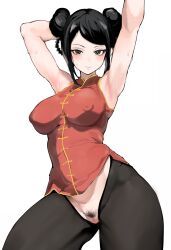 1girl absurdres armpits black_eyes black_hair black_pantyhose blush braid braided_hair_rings breasts bright_pupils cameltoe censored chinese_clothes cleft_of_venus contrapposto covered_erect_nipples female_pubic_hair hair_bun hair_rings highres isshou_senkin large_breasts mosaic_censoring mousekkk pantyhose pubic_hair pussy red_shirt ringed_eyes shirt simple_background solo sweat tangzhuang white_background white_pupils yuzuha_lee