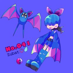 1girl bad_id bad_pixiv_id bat_(animal) belt black_neckwear blue_footwear blue_hair blue_shirt blue_shorts boots character_name child creature_and_personification english_text fangs female_focus flat_chest full_body garter_straps gen_1_pokemon hair_ornament hair_over_eyes hair_ribbon long_sleeves midriff narumame navel nintendo open_mouth personification platform_footwear poke_ball poke_ball_(basic) poke_ball_theme pokedex_number pokemon pokemon_(creature) purple_background ribbon shirt short_hair short_shorts shorts simple_background sleeves_past_fingers sleeves_past_wrists smile standing teeth text_focus thigh_boots thighhighs torn_clothes zubat