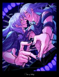 2boys akasuzu3641 blue_eyes blue_hair blue_nails clone closed_mouth cowboy_shot cursed_spirit_(jujutsu_kaisen) dual_persona english_text finger_heart grin heart heart_hands heart_hands_duo heterochromia highres jujutsu_kaisen long_hair low-tied_long_hair mahito_(jujutsu_kaisen) male_focus melting mitosis multiple_boys nail_polish ringed_eyes smile split stitched_arm stitched_face stitched_neck stitched_torso stitches tongue tongue_out twitter_username yellow_eyes