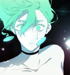 Rule 34 | 1girl, aqua eyes, aqua hair, ayase momo, bare shoulders, black bow, black choker, bow, choker, closed mouth, collarbone, commentary request, crying, crying with eyes open, dandadan, earrings, eyelashes, floating earrings, floating hair, gradient hair, green hair, hair between eyes, highres, jewelry, long hair, looking at viewer, multicolored hair, nimaigai 2222, solo, tears, topless female, transformation, upper body