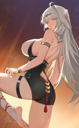 1girl absurdres adversarial_noise armlet armpit_crease back bare_shoulders black_shorts bracelet breasts closed_mouth clothing_cutout commentary_request feet foot_out_of_frame from_behind grey_hair hair_ornament high-waist_shorts highres jewelry large_breasts long_hair looking_at_viewer looking_back median_furrow no_jacket no_shoes orange_eyes shirt shorts soles solo stirrup_legwear thigh_strap thighs toeless_legwear toes very_long_hair white_shirt yi_xuan_(zenless_zone_zero) yueyueyue_yao zenless_zone_zero