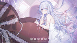 1girl artist_logo artist_name bare_shoulders blue_eyes candy cheek_rest chocolate chocolate_heart commission dress floating_hair food hair_ornament hand_on_own_cheek hand_on_own_face heart heart-shaped_food highres logo long_hair looking_at_viewer mole mole_under_eye original pink_ribbon ribbon sleeveless sleeveless_dress snowflake_hair_ornament solo umehara_sei upper_body very_long_hair virtual_youtuber watermark white_dress white_hair