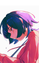 1girl absurdres blush flying_sweatdrops fujii_ayame futsuu_no_keion-bu guitar_strap highres hood hoodie music pink_hoodie purple_eyes purple_hair qu_uo short_hair solo sweat sweatdrop white_background