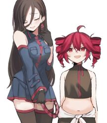 Rule 34 | 2girls, ahoge, bare shoulders, belt, black gloves, black hair, black shirt, black skirt, breasts, butcher vanity (synthesizer v), buttons, closed eyes, clothes around waist, collared shirt, cosplay, costume switch, crop top, detached sleeves, drill hair, earrings, gloves, hair between eyes, height difference, jacket, jacket around waist, jewelry, kasane teto, large breasts, looking at another, multiple girls, navel, open mouth, pleated skirt, plump, pocket, red belt, red eyes, red hair, red trim, shirt, simple background, skirt, smile, synthesizer v, tsui55, twin drills, unfinished, utau, vimalion pro, white background, white jacket, yi xi (synthesizer v)