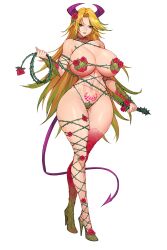 1girl asymmetrical_legwear bikini blonde_hair breasts curvy demon_girl demon_horns demon_tail flower full_body green_hair green_lips gurimjang highres horns huge_breasts leaf_bikini long_hair looking_at_viewer mismatched_legwear monster_girl multicolored_hair original parted_lips plant_girl pubic_tattoo red_eyes red_flower red_rose rose simple_background smile solo streaked_hair swimsuit tail tattoo thorns vine_whip whip white_background wide_hips