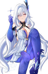 Rule 34 | 1girl, bare shoulders, blue thighhighs, blush, breasts, cleavage, commentary, dress, genshin impact, hair between eyes, hand up, hashtag-only commentary, highres, large breasts, long hair, looking at viewer, parted lips, red eyes, signature, simple background, sitting, skirk (genshin impact), sleeveless, sleeveless dress, solo, thighhighs, twitter username, very long hair, white background, white dress, white hair, y osu