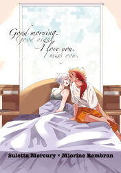 2girls absurdres barefoot breasts camisole character_name cleavage closed_eyes commentary commentary_request cursive english_commentary english_text grey_camisole gundam gundam_suisei_no_majo highres jewelry kusattatofu long_hair medium_breasts miorine_rembran mixed-language_commentary morning multiple_girls on_bed open_mouth orange_shorts red_hair ring scar scar_on_arm scar_on_leg shirt short_hair shorts smile suletta_mercury thick_eyebrows under_covers waking_up wedding_ring white_hair white_shirt wife_and_wife window yuri
