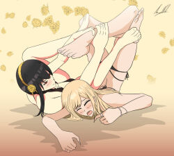 Rule 34 | 2girls, bare shoulders, barefoot, bikini, closed eyes, kitagawa marin, multiple girls, nworld12, sono bisque doll wa koi wo suru, spy x family, swimsuit, tagme, wrestling, yor briar