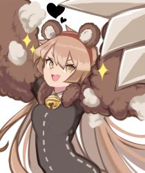 1girl :d an_apple_akaao animal_ears animal_hands arms_up bear_ears bear_paws bell black_bodysuit bodysuit brown_eyes brown_hair claws collared_shirt e.g.o_(project_moon) fang fur_collar hairband heart highres library_of_ruina long_hair looking_at_viewer male_focus malkuth_(project_moon) neck_bell open_mouth paw_sleeves project_moon red_hairband shirt simple_background skin_fang smile solo standing stuffing the_forgotten_(e.g.o) white_background