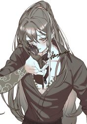 1boy 1other blush buttons clock coat collared_shirt dante_(limbus_company) fire gloves greyscale highres holding holding_mini_person hong_lu_(project_moon) kurokumo_clan_(identity)_(project_moon) limbus_company long_hair long_sleeves mini_person monochrome object_head pants parted_lips project_moon shirt shoes simple_background smile tokumei81894463 very_long_hair