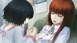 2015 2girls blue_eyes bob_cut bow breasts calendar_(object) collar collared_shirt crying crying_with_eyes_open dress fingernails future_gadget_lab game_cg hand_grab highres huke long_hair long_sleeves looking_at_another medium_breasts multiple_girls nape non-web_source official_art open_mouth pink_bow pink_collar pink_sleeves pink_trim red_hair ringed_eyes shiina_kagari shiina_mayuri shirt small_breasts steins;gate steins;gate_0 tears tongue white_shirt worried yellow_trim