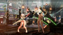 2girls 3d animated aqua_eyes blonde_hair breasts dark-skinned_female dark_skin elphelt_valentine guilty_gear guilty_gear_strive gun hat multiple_girls nipples nude nude_filter nude_mod ramlethal_valentine sound sword tagme third-party_edit video weapon white_hair yellow_eyes