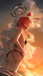 Rule 34 | 1girl, absurdres, ahoge, ass, bikini, black bikini, black halo, blue archive, braid, breasts, chain, cloud, cloudy sky, eyewear on head, frilled bikini, frills, halo, highres, huge ahoge, looking at viewer, neru (blue archive), ocean, orange sky, red eyes, red hair, single braid, sky, small breasts, smile, solo, sunglasses, swimsuit, thighs, walking nakta, wet