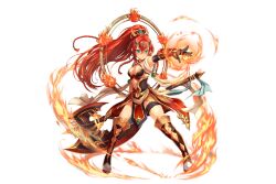 1girl armpits artist_request axe bad_source blue_eyes braid breasts detached_sleeves fire fireball full_body game_cg holding holding_axe horns kamihime_project navel official_art pointy_ears pout rakshasa_(kamihime_project) red_eyes solo thigh_strap third-party_source transparent_background twin_braids