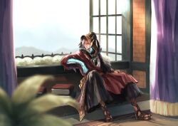 Rule 34 | 1boy, absurdres, arm rest, black robe, blurry, blurry foreground, book, book stack, crystal exarch, crystallization, curtains, day, depth of field, final fantasy, final fantasy xiv, g&#039;raha tia, gladiator sandals, highres, hood, hood up, hooded robe, indoors, kazunokabeff, male focus, material growth, open window, red eyes, red hair, robe, sandals, short hair, sitting, smile, solo, window