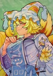 1girl absurdres blonde_hair blue_tabard breasts commentary_request dress fox_girl fox_tail from_side full_body green_background hand_on_own_chest hat highres inuyama_konan large_breasts long_sleeves multiple_tails puffy_sleeves short_hair smile solo tabard tail touhou upper_body white_dress yakumo_ran yellow_eyes