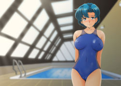 1girl bishoujo_senshi_sailor_moon blue_eyes blue_hair blue_one-piece_swimsuit breasts breasts_apart cameltoe closed_mouth collarbone competition_swimsuit covered_erect_nipples covered_navel cowboy_shot female_focus looking_at_viewer mizuno_ami nanashi_noiji one-piece_swimsuit rei_no_pool short_hair smile solo swimsuit
