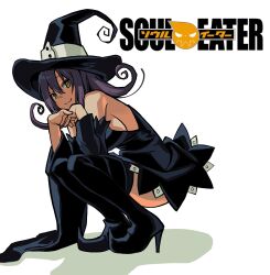 1girl :3 betti_(xx_betti) black_boots black_dress black_hat blair_(soul_eater) boots breasts closed_mouth copyright_name detached_sleeves dress full_body hat high_heel_boots high_heels highres large_breasts long_sleeves looking_at_viewer medium_hair purple_hair sideboob simple_background smile solo soul_eater squatting thigh_boots white_background wide_sleeves witch witch_hat yellow_eyes