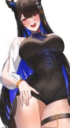 1girl adapted_costume alternate_costume asymmetrical_horns bikini black_hair blue_hair breasts collarbone colored_inner_hair demon_horns flower hair_ornament highres hololive hololive_english horn_flower horns large_breasts linyi long_hair looking_at_viewer mole mole_under_eye multicolored_hair nerissa_ravencroft nerissa_ravencroft_(1st_costume) open_mouth outdoors partially_submerged red_eyes smile solo swimsuit two-tone_hair uneven_horns very_long_hair virtual_youtuber water wet white_background