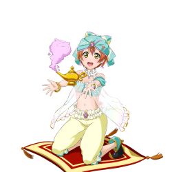1girl :d arabian_clothes bare_shoulders bracelet collar earrings fairy_tale_(love_live!) floating floating_object frilled_collar frills full_body gem green_eyes harem_pants hoshizora_rin jewelry kneeling light_blush love_live! love_live!_school_idol_festival love_live!_school_idol_project magic_carpet midriff navel official_alternate_costume official_art oil_lamp open_mouth orange_hair outstretched_arms pants pointy_footwear purple_gemstone short_hair smile solo teeth third-party_source transparent_background turban upper_teeth_only