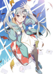 10s 1girl cleaned dress highres jacket letter luggage monogatari_(series) official_art oikura_sodachi owarimonogatari pantyhose silver_hair sitting torn_clothes torn_legwear twintails watanabe_akio wind