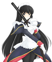 Rule 34 | 00s, 1girl, between breasts, black eyes, black hair, blush, breasts, female focus, hanaukyou maid tai, hime cut, impossible clothes, katana, large breasts, looking at viewer, maid, simple background, solo, sword, tsurugi konoe, weapon, white background