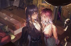 2girls absurdres arm_around_shoulder belt black_coat black_hair box breasts canvas_(object) carpet chinese_commentary clutter coat collarbone collared_shirt commentary cup cushion doormat earrings easel floating_earring flower flower_pot gift gift_box gradient_hair green_eyes grey_necktie grey_skirt highres hobble_skirt holding holding_gift indoors jewelry long_hair looking_at_another medium_breasts multicolored_hair multiple_girls neck_flower necktie path_to_nowhere picture_frame pink_hair plant potted_plant purple_eyes purple_hair rahu_(path_to_nowhere) shalom_(path_to_nowhere) shelf shirt signature skirt string_of_light_bulbs trench_coat upper_body very_long_hair white_flower white_shirt wind_chime wooden_floor zheshanshan