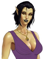 1girl black_hair black_lips breasts cleavage colored_sclera colored_skin dress elf highres jewelry looking_at_viewer mole mole_under_eye necklace pickledgear pointy_ears purple_dress short_hair simple_background sleeveless sleeveless_dress solo the_elder_scrolls upper_body white_background yellow_eyes yellow_sclera yellow_skin