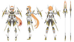 Rule 34 | 1girl, absurdres, anen routia, armor, arms at sides, blonde hair, bodysuit, boots, breasts, from behind, full body, headgear, high heels, highres, indie virtual youtuber, lance, large breasts, long hair, looking at viewer, mecha musume, mechanical wings, multiple views, mytea (soso), orange hair, polearm, ponytail, profile, reference sheet, simple background, spear, standing, turnaround, variations, very long hair, virtual youtuber, weapon, white background, wings