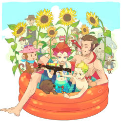 2girls 6+boys :d animal barefoot baseball_cap blonde_hair blue_eyes blue_male_swimwear blue_sky blue_swim_trunks boney brown_hair claus_(mother_3) clenched_hand closed_eyes cowboy_hat dog doseisan duster_(mother) facial_hair facing_viewer flint_(mother_3) flower food fruit glasses goatee hat hinawa irumineko kumatora leder lucas_(mother_3) male_swimwear masked_man_(mother_3) midriff monkey mother_(series) mother_3 multiple_boys multiple_girls mustache ness_(mother_2) nintendo open_mouth pigmask pink_hair porky_minch red_hair rope_snake samba_(mother) shirt short_hair sky smile snake striped_clothes striped_shirt sunflower super_soaker swim_trunks swimsuit wading_pool water watermelon yokuba