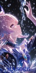 1girl absurdres ai-generated arm_up black_background blue_bow blunt_bangs bow detached_collar from_side genshin_impact highres hydro_symbol_(genshin_impact) japanese_clothes long_hair masorg nontraditional_miko open_mouth pink_hair purple_eyes sangonomiya_kokomi solo upper_body vision_(genshin_impact) water