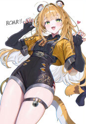 1girl :rehy_studio animal_ear_fluff animal_ears black_shorts blonde_hair colored_inner_hair green_eyes highres jacket ju_fufu long_hair looking_at_viewer multicolored_hair open_mouth shirt shorts simple_background smile solo tail tiger_ears tiger_girl tiger_tail white_background zenless_zone_zero