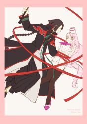 1boy 1girl bishounen black_hair blunt_ends blush border bound braid breasts brown_pantyhose center_opening changpao chinese_clothes cleavage closed_eyes commentary_request couple earrings fangs fate/grand_order fate_(series) flustered full_body garrison_cap glasses gloves hat heart heart_print hetero high_heels highres holding holding_weapon jacket jewelry koyanskaya_(fate) koyanskaya_(foreigner)_(first_ascension)_(fate) large_breasts long_hair long_sleeves open_mouth pantyhose parted_bangs pink_border pink_hair pink_scarf pryo_tea ribbon ribbon_bondage scarf single_braid single_earring sweat taigong_wang_(fate) tamamo_(fate) weapon white_gloves white_hat white_jacket yellow_eyes