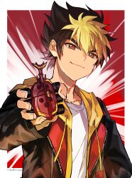 aged_up amanogawa_ryuusei artist_name black_hair black_jacket blonde_hair border brown_eyes closed_mouth commentary hair_between_eyes highres holding holding_toy jacket jinzou_konchuu_kabutoborg_vxv kuroda_(kuro_yyy) looking_at_viewer open_clothes open_jacket outside_border red_jacket rhinoceros_beetle shirt short_hair signature smile toy toy_car upper_body white_border white_shirt yamato_kabuto_(kabutoborg)