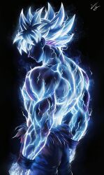 1boy absurdres black_background blue_skin clenched_hands colored_skin commentary cowboy_shot dougi dragon_ball dragon_ball_super floating_hair grey_eyes highres lightning looking_back male_focus muscular muscular_male pisocarpa profile short_hair signature solo son_goku spiked_hair topless_male torn_clothes ultra_instinct white_hair wristband