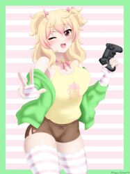 1girl bell blonde_hair breasts brown_shorts choker colored_tips controller cowboy_shot crush_crush green_jacket highres holding holding_controller jacket large_breasts messy_hair mio_(crush_crush) multicolored_hair one_eye_closed open_mouth pink_eyes pink_hair shirt short_shorts short_twintails shorts solo striped_clothes striped_thighhighs superjordina100 tank_top thick_thighs thighhighs thighs twintails v yellow_shirt