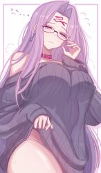 ... 0nineo9 1girl absurdres bare_shoulders black_sweater breasts cleavage closed_mouth collar facial_mark fate/stay_night fate_(series) forehead forehead_mark glasses highres large_breasts long_hair long_sleeves looking_at_viewer medusa_(fate) medusa_(rider)_(fate) parted_bangs purple_eyes purple_hair sidelocks solo sweater very_long_hair