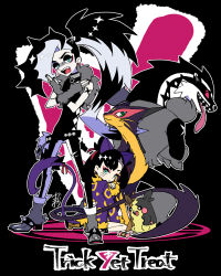 1boy 1girl alternate_costume asymmetrical_bangs belt black_hair brother_and_sister candy_wrapper closed_mouth commentary_request cosplay eyelashes eyeshadow gen_5_pokemon gen_8_pokemon green_eyes gym_leader hair_ribbon highres kagio_(muinyakurumi) liepard liepard_(cosplay) long_hair looking_at_viewer looking_back makeup marnie_(pokemon) morpeko morpeko_(full) multicolored_hair nintendo obstagoon obstagoon_(cosplay) paw_pose piers_(pokemon) pokemon pokemon_swsh red_eyeshadow red_ribbon ribbon siblings sitting two-tone_hair white_hair