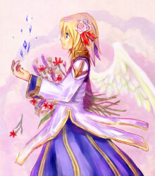 1girl blonde_hair blue_coat blue_eyes bouquet closed_mouth coat commentary_request cowboy_shot crossdressing feathered_wings flower gold_trim high_priest_(ragnarok_online) holding holding_bouquet long_sleeves looking_afar medium_hair multicolored_coat pink_background profile purple_flower ragnarok_online red_flower rose smile solo two-tone_coat white_coat white_flower white_rose white_wings wings yukimushi